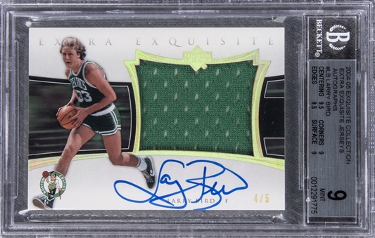 2004-05 UD "Exquisite Collection" Extra Exquisite Jerseys Autographs #LB Larry Bird Signed Game Used Patch Card (#4/5) – BGS MINT 9/BGS 8 